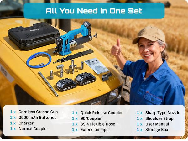 SEESII Cordless Electric Grease Gun Kit - 10000PSI 4.6 oz/min, 2 Batteries, 39.4" Hose, 90° Coupler, 3 Tips for Fast Effortless Greasing, GR01