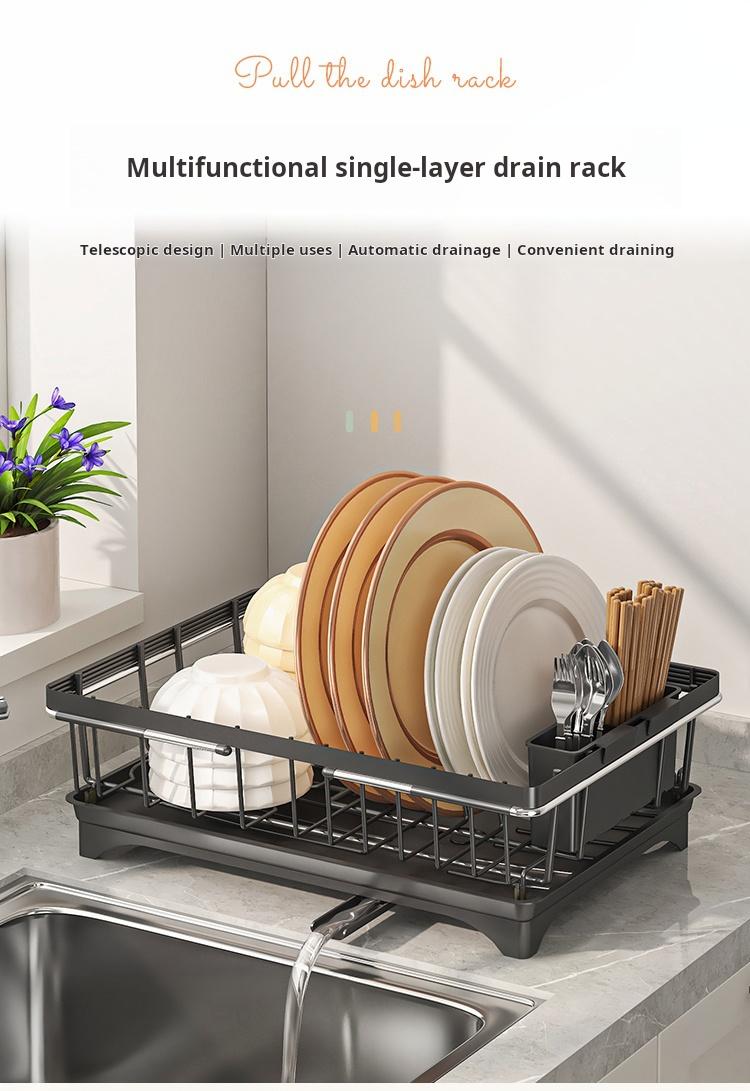 Expandable Kitchen Sink Drying Rack with Auto Drain – Adjustable Dish Rack for Countertop, Space Saving Utensil & Plate Organizer, Multi-Purpose Drying Rack for Dishes, Fruits & Kitchenware