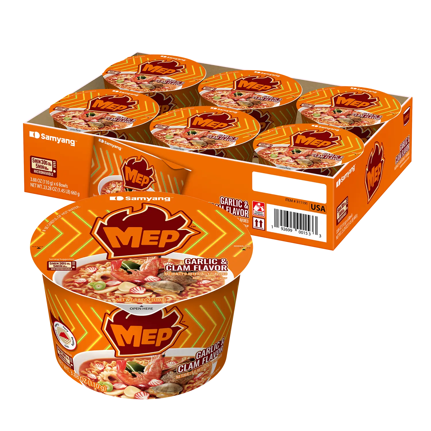 MEP 6-Pack Spicy Garlic Clam Korean Instant Noodles in a Cup - Savory Refreshing Seafood Broth Ramyeon, Salt-Enhanced Fish-Infused Quick Microwave Pantry Snacks