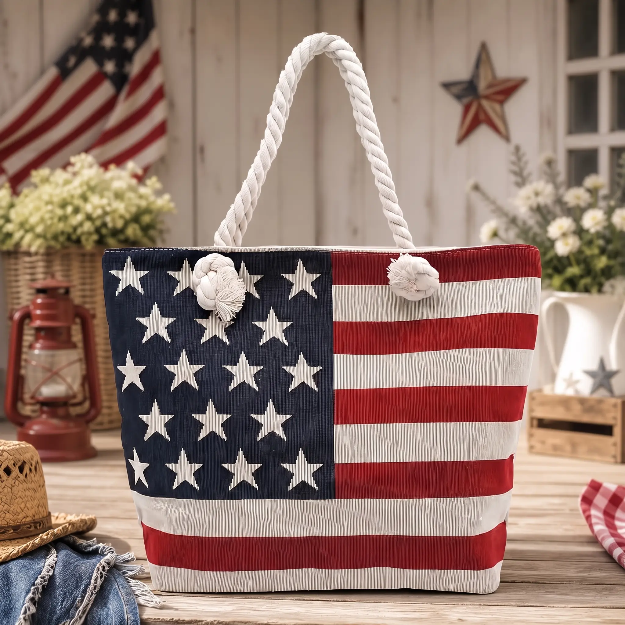 WESTERN SPIRIT Western Origin American Flag Canvas Tote Bag for Women, USA 250th Anniversary Patriotic Shoulder Purse with Rope Handles & Top Zipper, Large Summer Beach Vacation Bag, July 4th Independence Day Travel Handbag