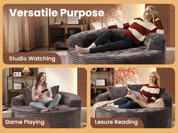 HOOOWOOO 59"W Oversized Round Sofa Bed - Boneless& Modern O-Shape, Lazy Bean Bag Chair, Deep Seat Couch with 3 Pillows, Plush Corduroy Fabric Chaise Lounge, No Assembly Required