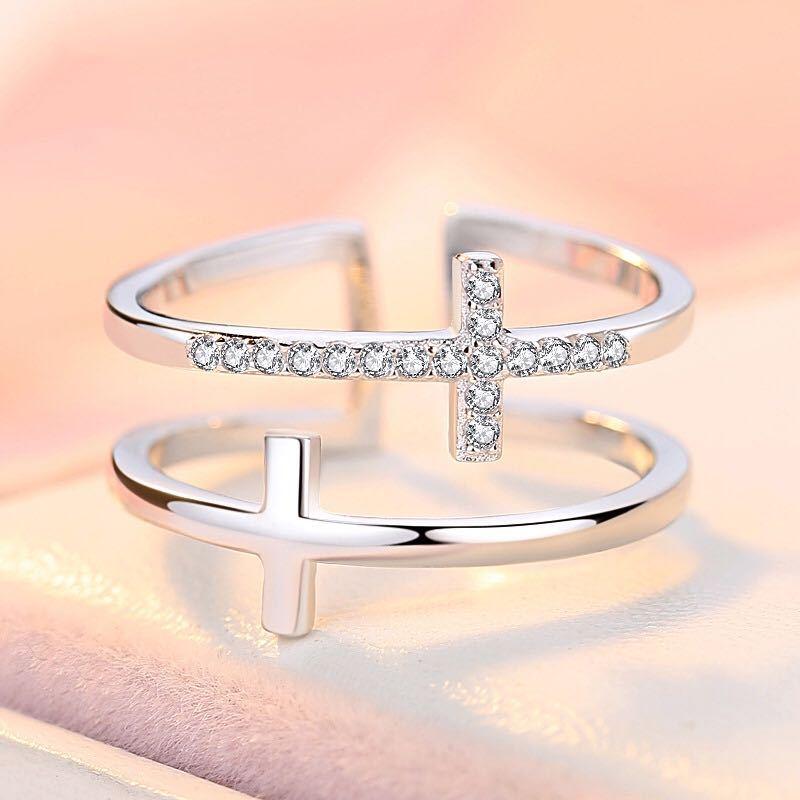 Double Cross Inlaid Zircon Ring, Adjustable Opening