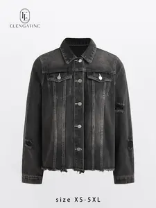 Elengatine Women's Casual Short Jean Jackets Non Stretch Distressed Ripped Boyfriend Washed Coats Lapel Long Sleeve Denim Jacket Outwear Tops 2026 Womenswear Spring Winter Outfits