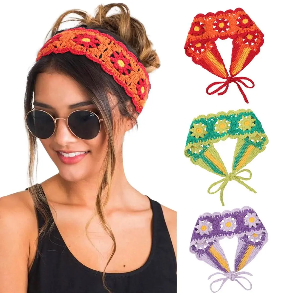 AWAYTR 3 Pack Crochet Headbands for Women, Boho Floral Knit Hair Wraps, Wide Elastic Fashion Accessories for Girls, Crochet Headband, Elastic Fashion Headbands
