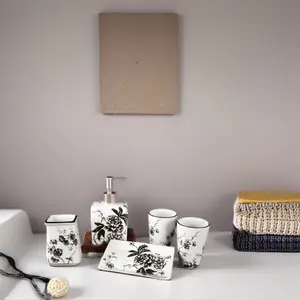 Five Piece Black and White Ceramic Bathroom Accessory Set