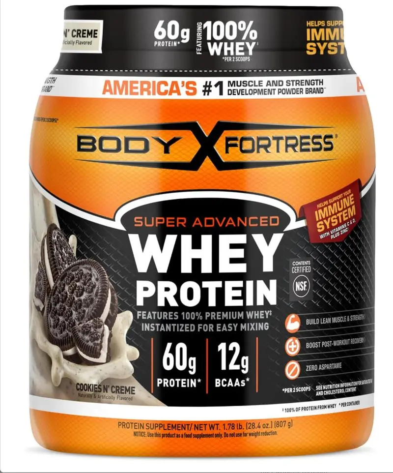 Body Fortress Super Advanced Whey Protein Powder, Cookies N Creme, 60g Protein & 12g BCAAs Per 2 Scoops, Muscle Gain & Recovery, Immune Support with Vitamins C & D, 1.78lbs (Packaging May Vary)