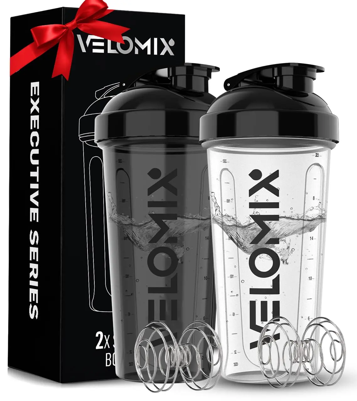2 Pack 28oz Protein Shaker Bottle for Protein Mixes, Black/Transpar | 2x Wire Whisk, Leak Proof Shaker Cups for Protein Shakes, Stackable, Dishwasher safe, BPA free, Pre Workout and Fitness ready, Drinkware, Set