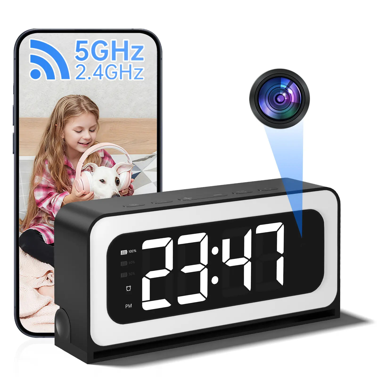 Hidden Black Clock Security Camera - 1080P HD Wireless, 2.4GHz WiFi Connection, Night Vision, Motion Detection, Loop Recording, Battery Powered, Audio, Remote Real-Time Viewing, Room Gadgets for Home Office Work Monitoring, Audios