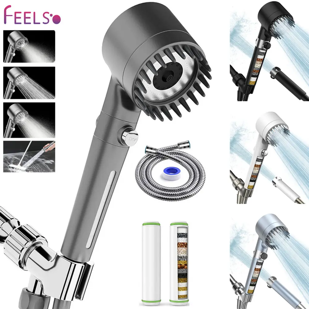 FEELSO Filter Shower Head, 4-Setting Massage Spray, 60" Hose, Easy Install, Low Flow, One-Touch Water Stop, Micro-Technology Nozzles, Wall Mount, Bathroom Fixture for Everyone