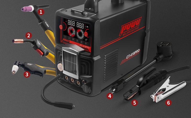 PUWU CT-418PRO Plasma Cutter Welder Gas MIG/Gasless MIG/Lift TIG/Stick/CUT 5 in 1 Aluminum Welding Machine 110V/220V Dual Voltage IGBT Inverter LED Display MP200 Multi Process Welder with Accessories