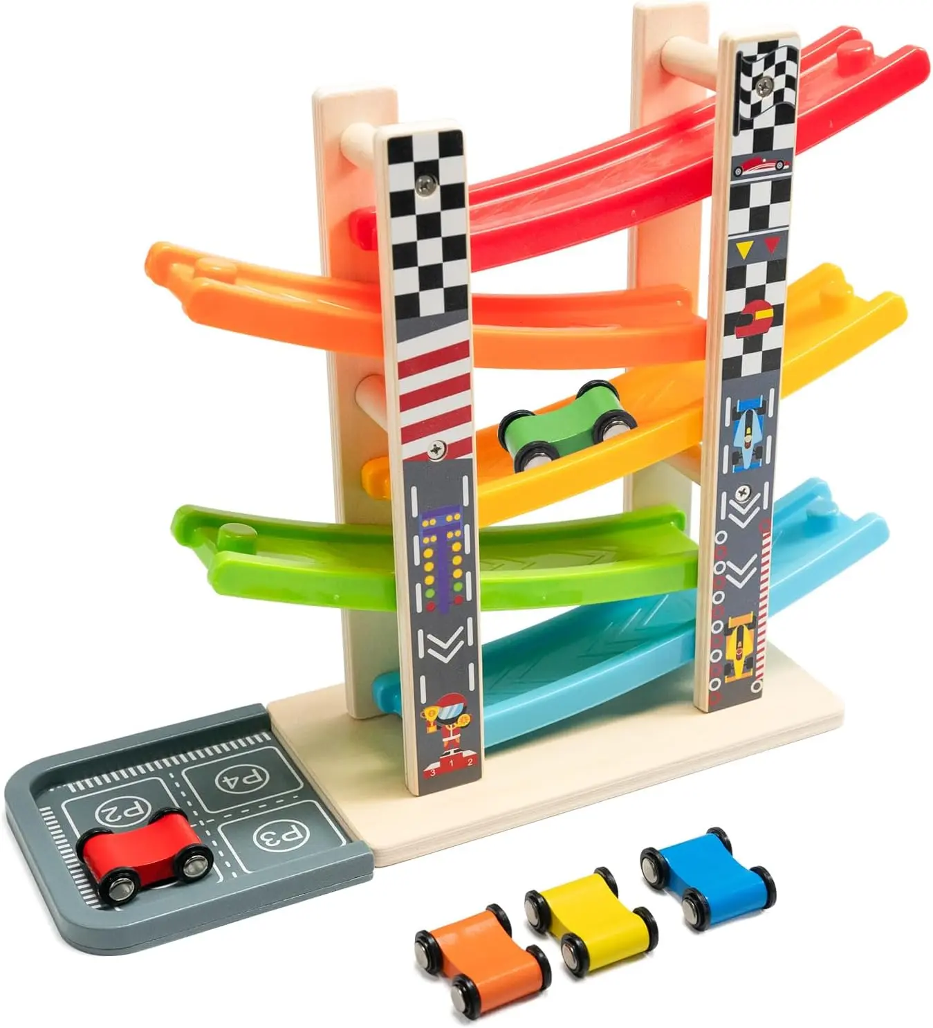 Toddler Toys for 1 2 3 Years Old, Wooden Car Ramp Racer Toy Vehicle Set with 5/7 Mini Cars & Race Tracks, Montessori Toys Craft Gift for Toddlers Boys and Girls (ramp Racer-5 Layers)