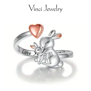 925 Sterling Silver Rose Gold Plated Rabbit Design Mother & Daughter Open Ring