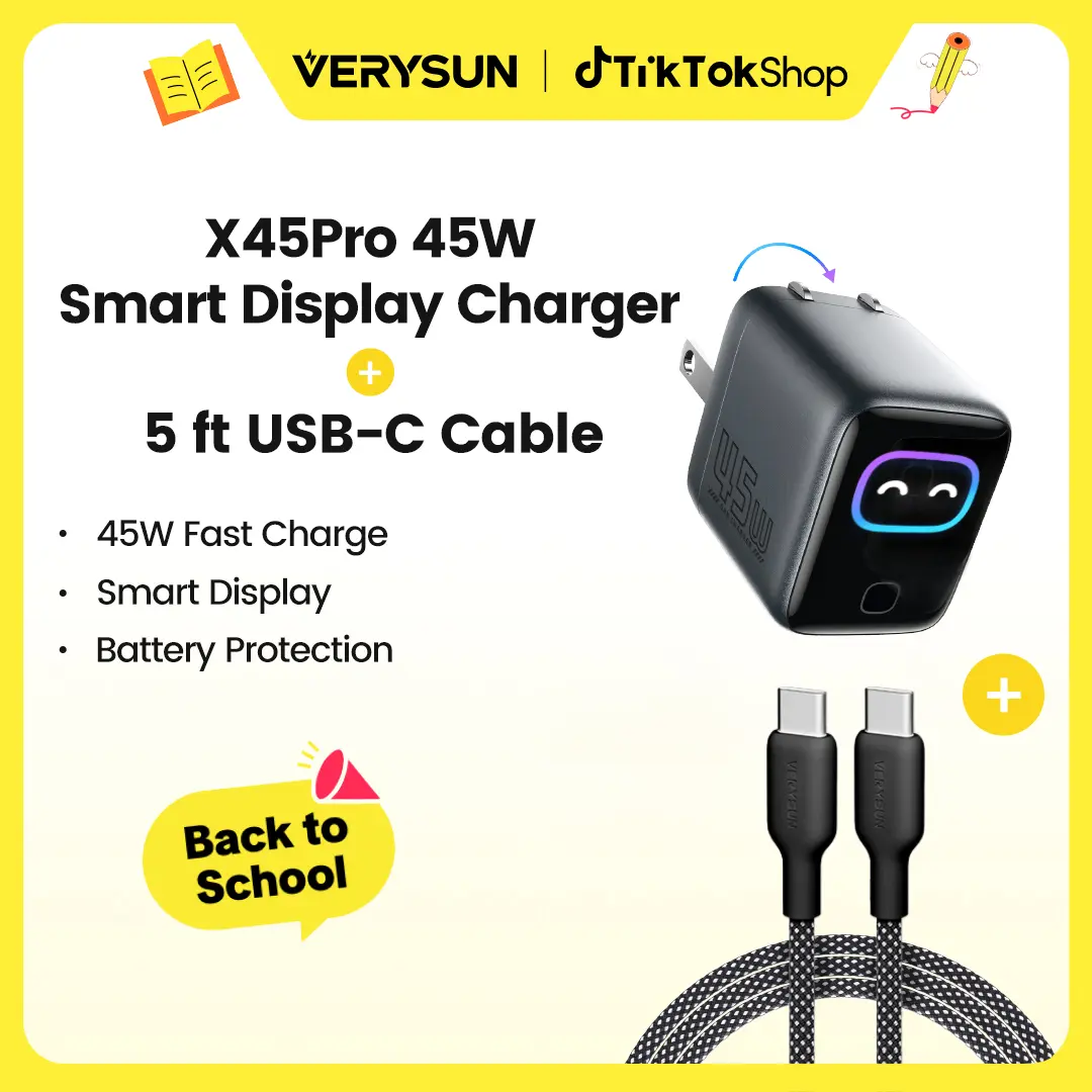 Verysun 45W Smart Display Fast Charger with 5ft USB-C to USB-C Cable, Switchable Charging Modes & Battery Protection, Device Detection, Real-Time Charging Display, Emoji Animation, Compact Foldable Plug, for iPhone, iPad & MacBook, back to school