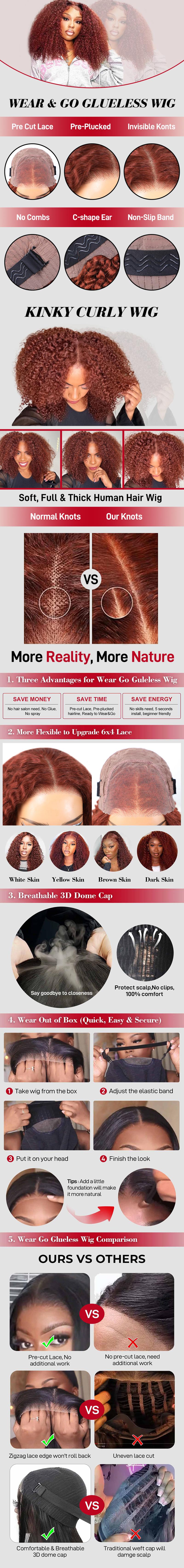 FORGIRL FOREVER #33 Reddish Brown Wig 6x4 Pre Cut HD Lace Kinky Curly Wear And Go Wig Pre Plucked Afro Curly Wear Go Glueless Wig For Women