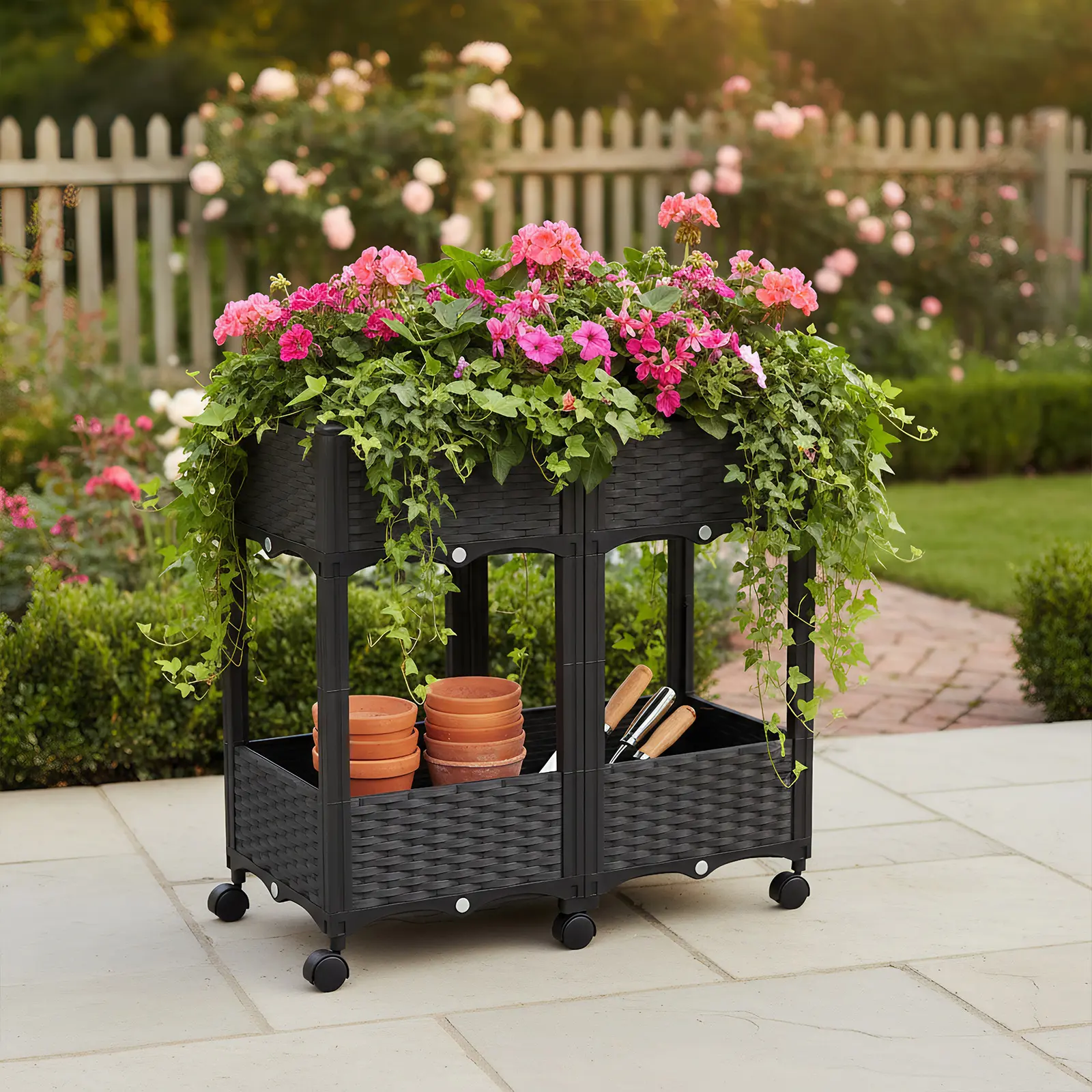 Minimalist Plastic Elevated Raised Garden Bed with Wheels - 1 Easy-Assembly Standing Plant Growing Planter (80*40*75cm), Ergonomic, Self-Watering, Versatile, All Seasons Flower Pots & Planters for Outdoor Tomatoes, Raised Bed