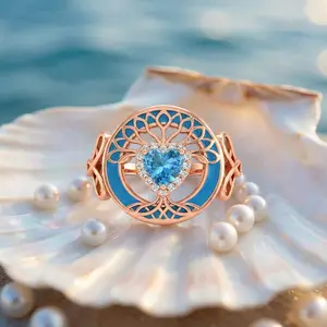 Celtic Tree of Life Blue Heart Gemstone Ring for Women, Rose Gold Tone Adjustable Open Ring, Witchy Pagan Wicca Jewelry, Irish Celtic Symbol Ring, Mother's Day Gift,CZ Pave Halo