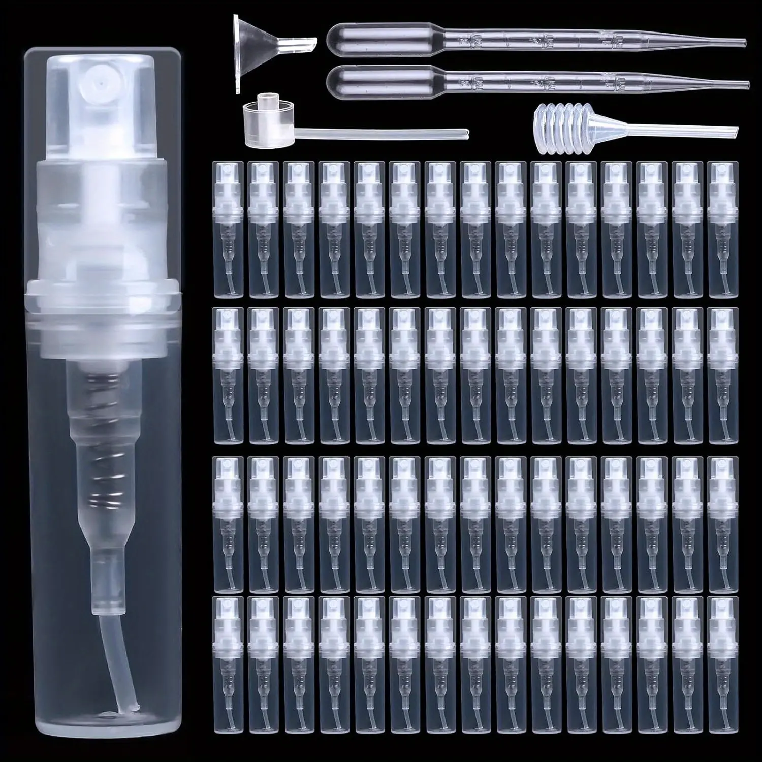 60-Piece 2ml Plastic Mini Transparent Perfume Atomizer Set with Dropper, Pump, Funnel & Straws – Daily Makeup Container Set for On-the-Go Use, Home Beauty Tool, Compact Organiser Gift