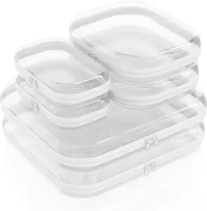 6-Pack Ultra-Durable Clear Hard Shell Zipper Storage Cases, Available in L, M, S Sizes. These clear hard plastic cases are ideal for travel cosmetics, toiletries and makeup, and can also serve as daily toy storage and cosmetic organizers.