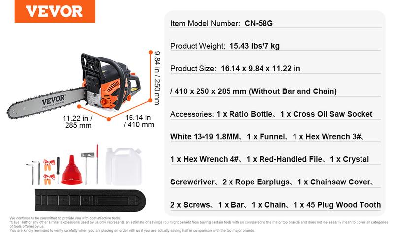VEVOR Gas Chainsaw, Various specifications, Gasoline Powered Handheld Cordless Petrol Chain Saw for Tree Wood Branch Cutting, Land Clearing, Farm Garden Ranch