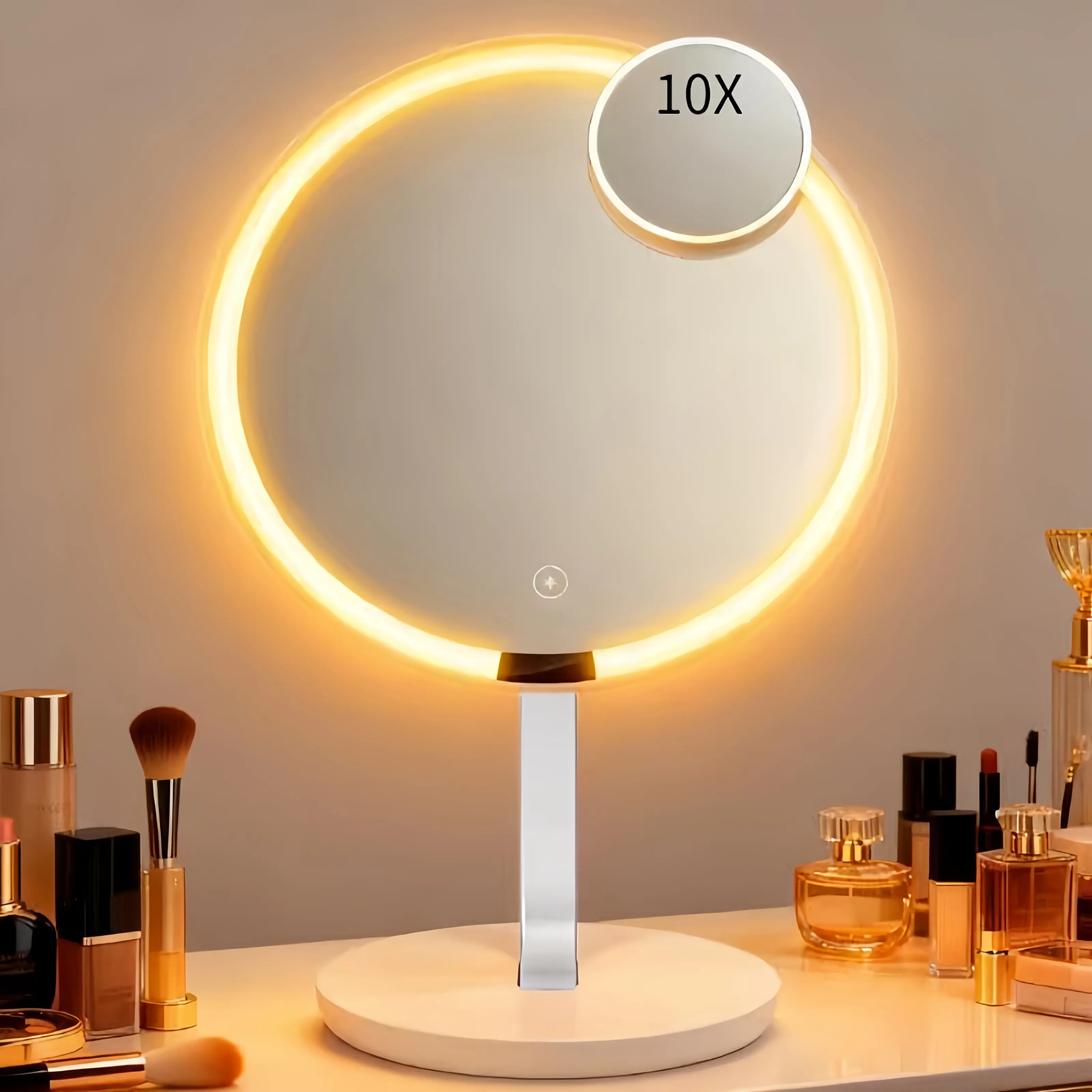 Built-In LED Tabletop Mirror - Ambient Lighting, Backlight, Adjustable Multi-Function, Circular Lighted, Touchscreen Brightness Control, Handheld Portable, 10x Magnification Small Mirror, for Home Décor, Bedrooms, Built-In Led Tabletop Mirrors, Ambient Li