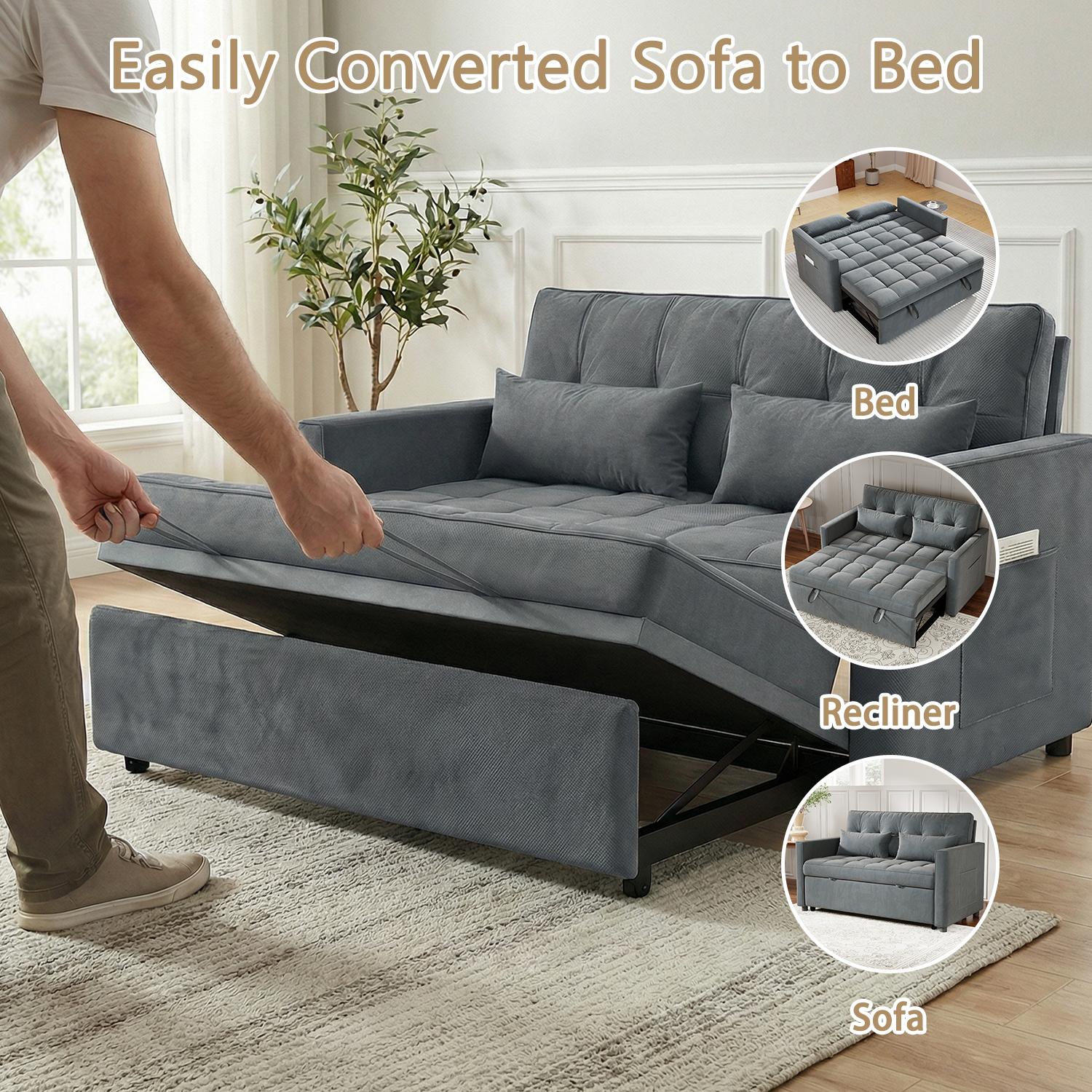 Spaco 3-in-1 Convertible Sofa Bed,  Sleeper Sofa with Pull-Out Bed,Loveseat with Five-level Adjustable Backrest and Side Pocket, for Living Room Dorm Apartment, Linen, Dark Gray