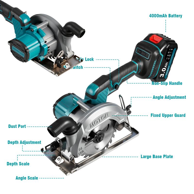 YOFIDRA Cordless Handheld Circular Saw | 48mm Depth/45° Misalignment | Comes with 3 Saw Blades and Dual Batteries | Brushless Motor | Suitable for Wood, Metal, and Stone DIY
