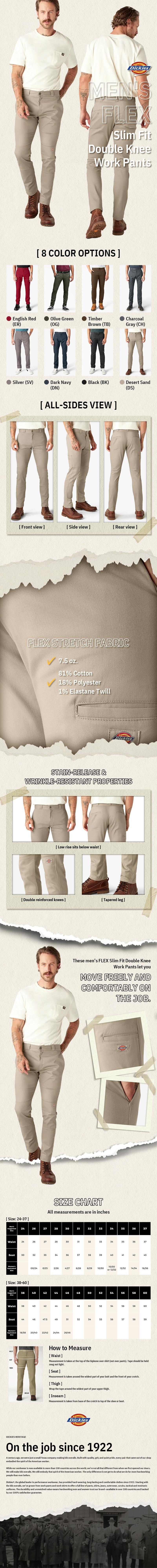 Dickies | Men's FLEX Skinny Fit Double Knee Work Pants, Wrinkle-Resistant,Stain- Resistant, Reinforced Knees, Breathable Comfort, Slim Fit