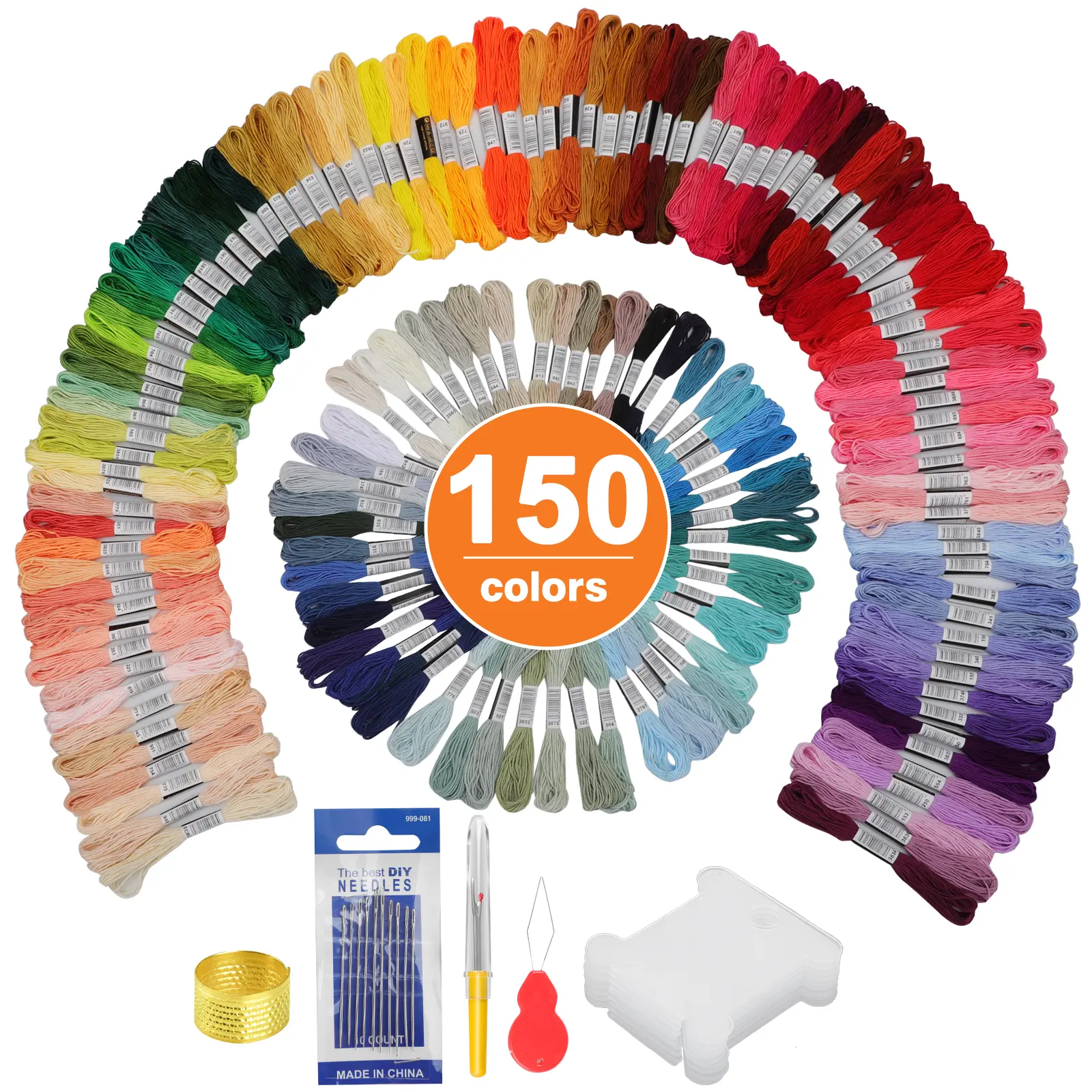 150 Pcs Colored Embroidery Craft Kit with Needles & Polyester Threads - Essential for Beginners, DIY Fashion Supply to Enhance Crafting Skills, Hand Embroidery Starter Pack for Cross Stitch Projects
