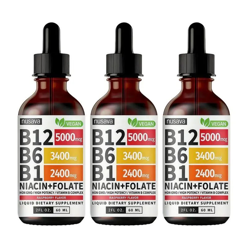 (2-Pack) Vitamin B12 Liquid Edible Supplement Drops with B6, B1, Niacin & Folate for Energy, Brain & Heart - Raspberry, & Strawberry 27,200 mcg per Serving, 4 fl Oz