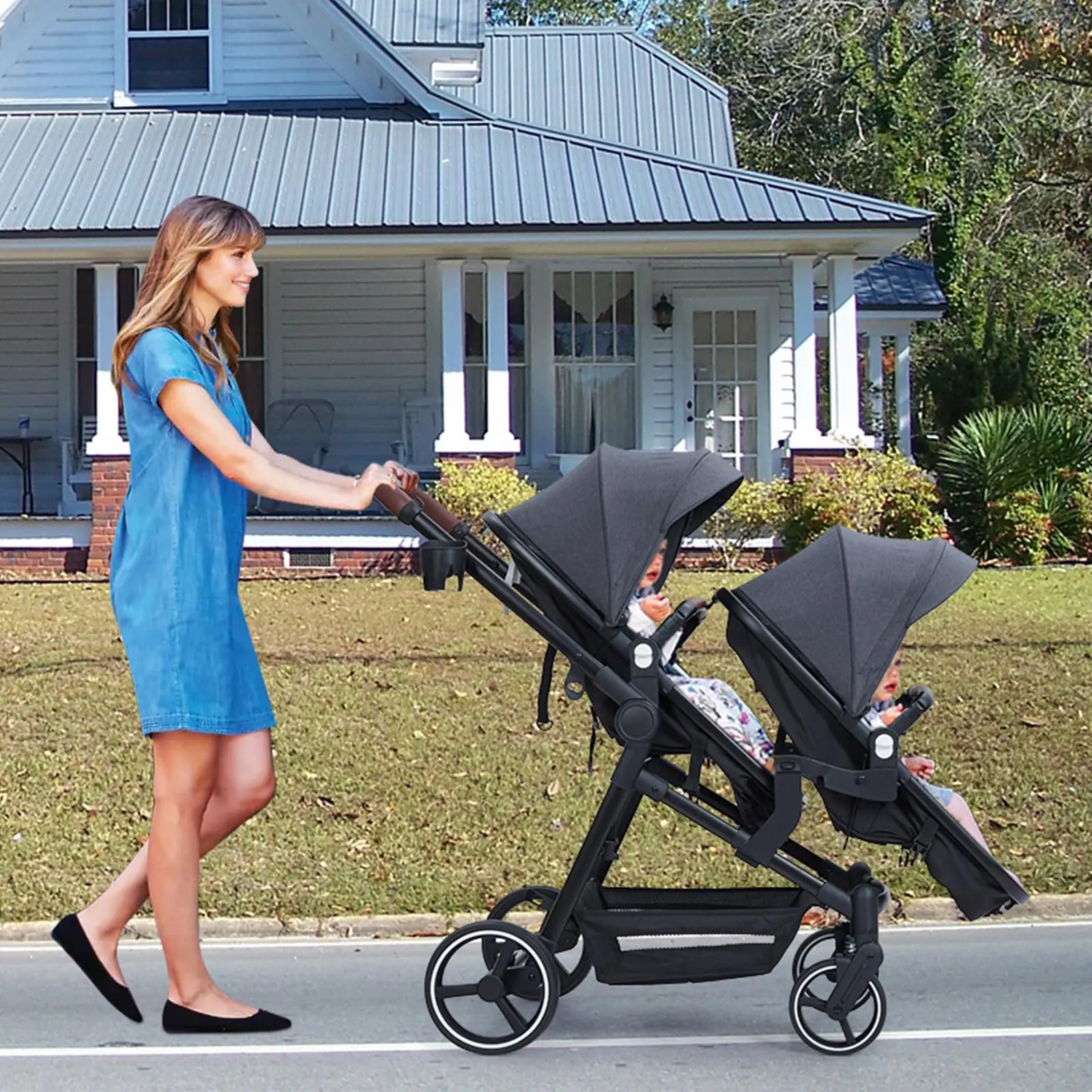 GARVEE Track Tandem Double Stroller for Infant - Foldable Reversible Design, Adjustable Backrest, Durable Aluminum Frame, 300D Fabric, Large Storage Basket, Canopy, Bassinet, Travel Friendly, Lightweight (Light Gray), Foldable Newborn Stroller, Stroller W