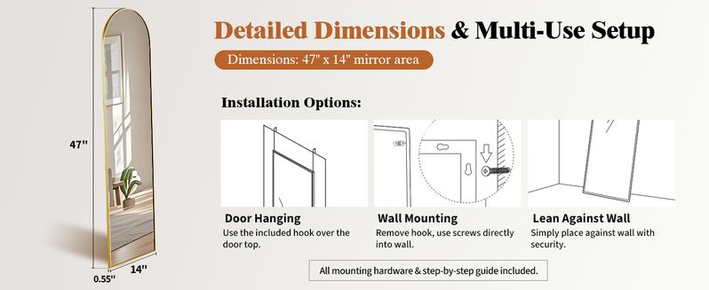 Full Length Mirror Arched Full Body Door Hanging Wall Mounted Aluminum Alloy Frame for Bedroom Dressing Room Entryway Modern Design