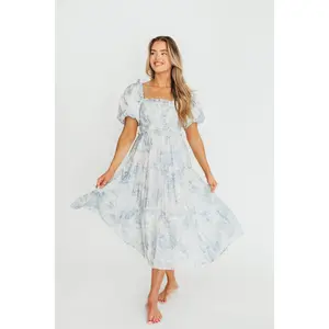 Elena Floral Print Smocked Midi Dress in Blue - Bump Friendly & Inclusive Sizing