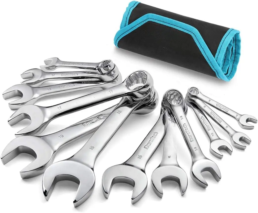 Stubby Combination Wrench Set, Metric, 12-, 8-19mm, 12 Point, CR-V Steel, with Rolling Pouch