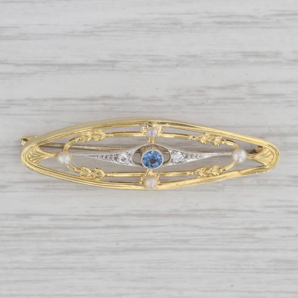 Antique Blue Sapphire Seed Pearl Diamond Ornate Brooch 15k Gold Platinum Pin