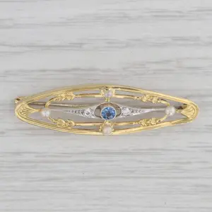Antique Blue Sapphire Seed Pearl Diamond Ornate Brooch 15k Gold Platinum Pin