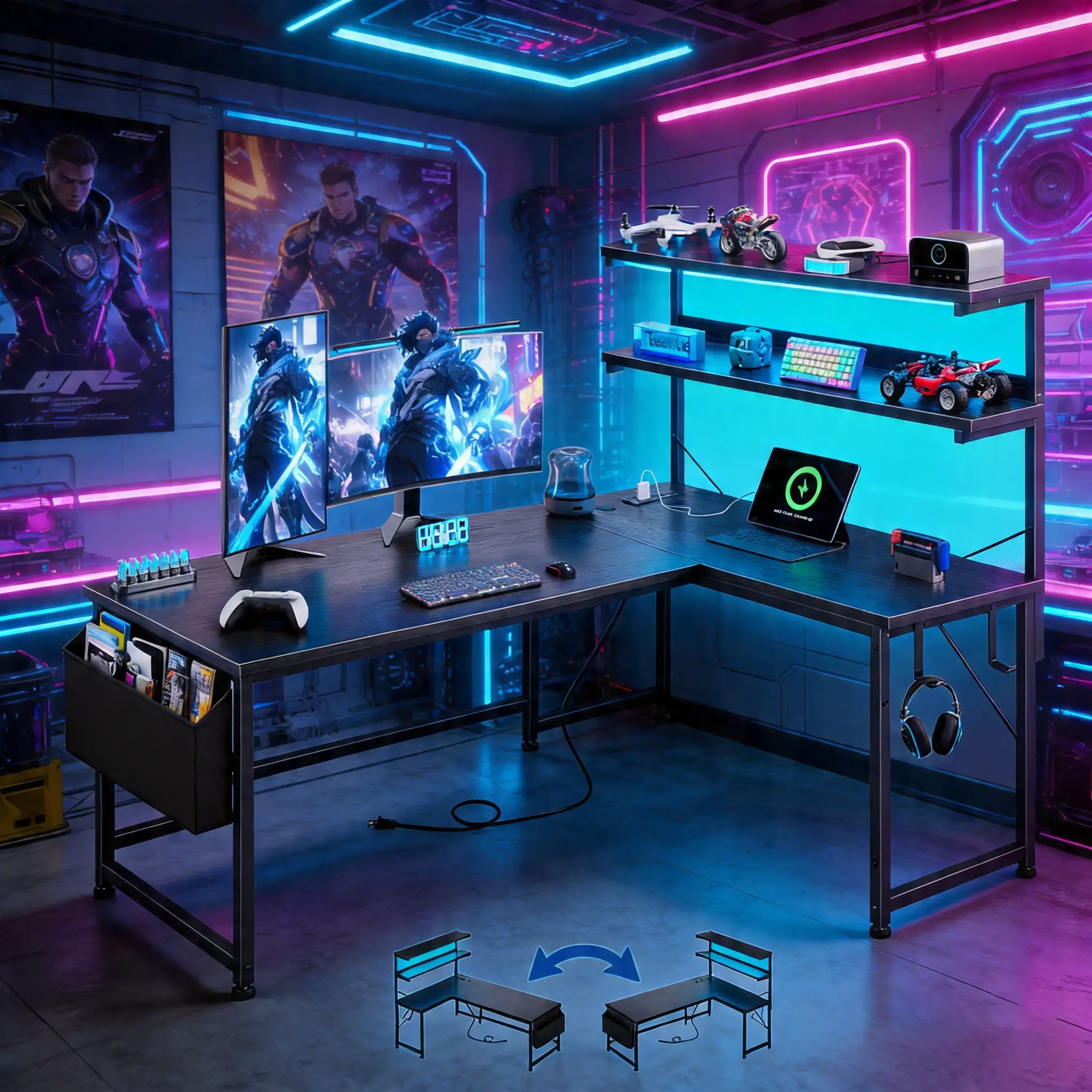 【Cable Organizer】Raybee Reversible L-Shaped 53‘’W Gaming Desk with LED Light & Power Outlets,Sturdy & Easy Assembly Computer Desk with 2 Headphone Hooks,Gaming Setup for Home Office Use,Study desk for teenagers, Computer Table with Shelf #Back to school,,