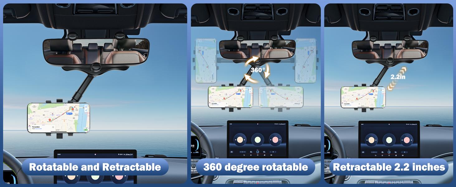 Rearview Mirror Phone Holder for Car, 360° Rotating Rear View Mount with Adjustable Arm Length, Multifunctional and GPS Universal Car All Smartphones