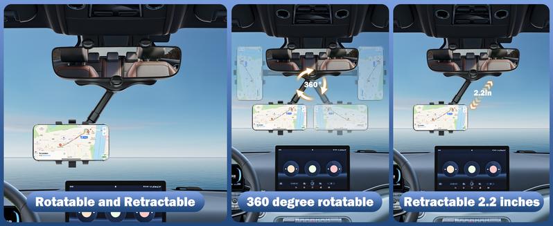 Rearview Mirror Phone Holder for Car, 360° Rotating Rear View Mount with Adjustable Arm Length, Multifunctional and GPS Universal Car All Smartphones