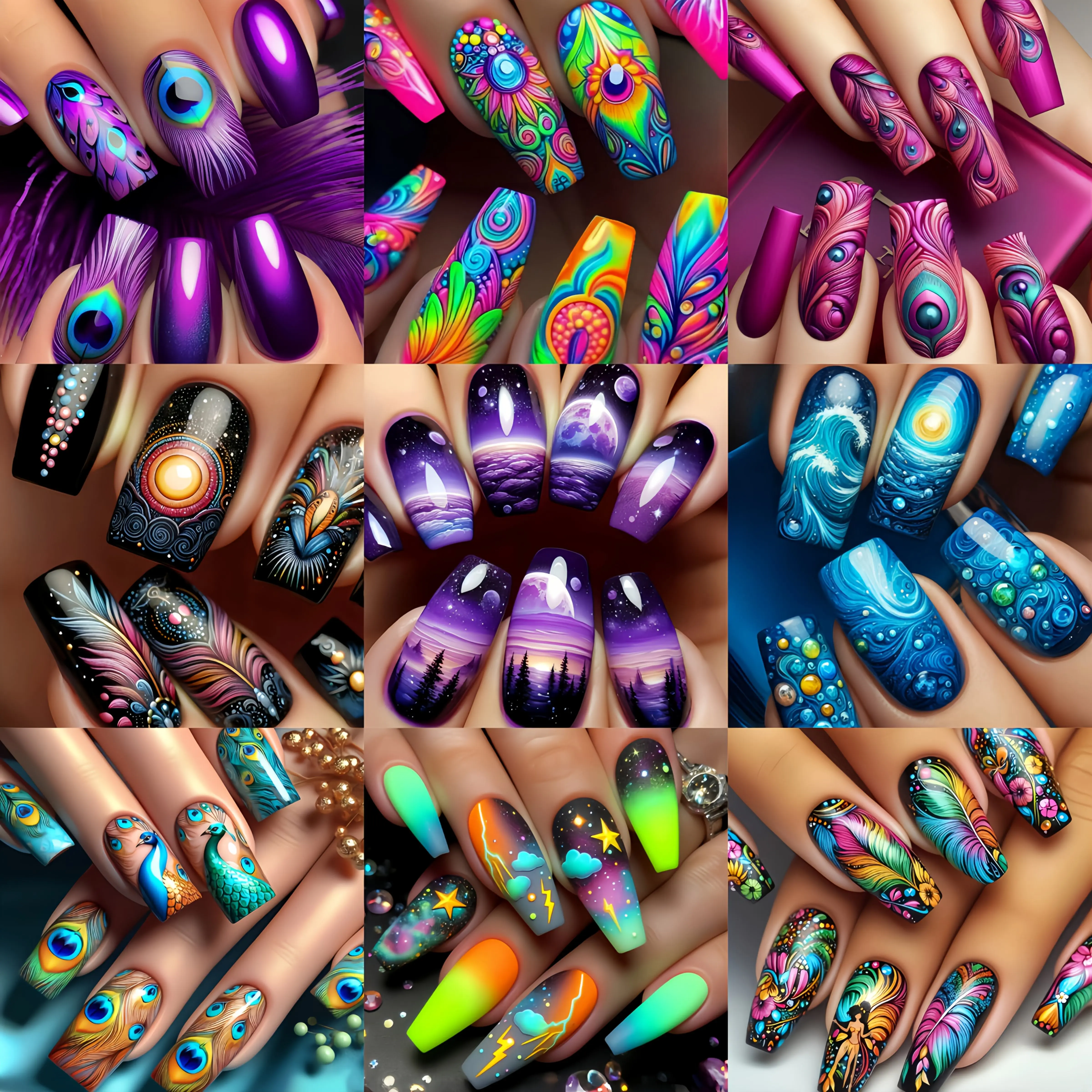 (96pian )4 groups -(216 pieces) 9 groups of vibrant press nails-mixed colors, flowers, cosmos and geometric patterns, medium almond shape, glossy surface-diverse styles, fashionable nails, vibrant nails | Pattern embossing | Complex nail design.