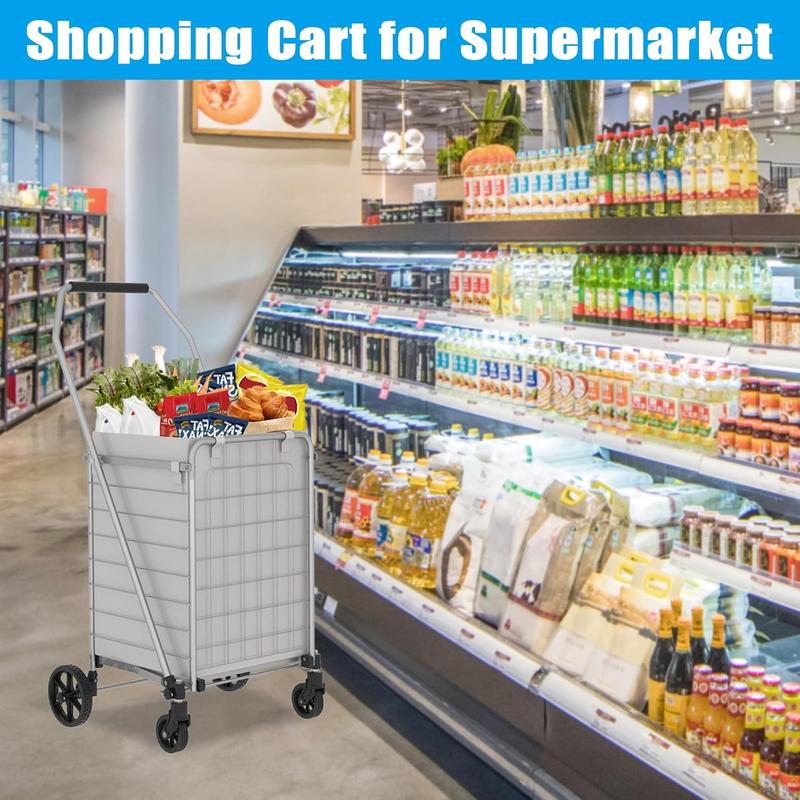 Foldable Heavy Duty Shopping Cart - 200lbs Capacity, 360° Swivel Wheels, 65L Waterproof 600D Oxford Bag, Easy Assembly for Grocery, Laundry, Garden, Camping (Grey, 19.5 x 39 x 20 inch)