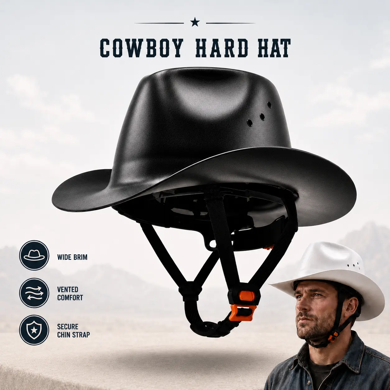 Western Cowboy Hard Hat for Men  Work Safety Helmet with Secure Chin Strap  Wide Brim and Vented Comfort for Construction Ranch Farm & Outdoor Use