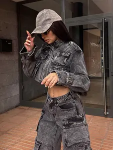 Billie Cropped Cargo Jacket - Acid Wash Black