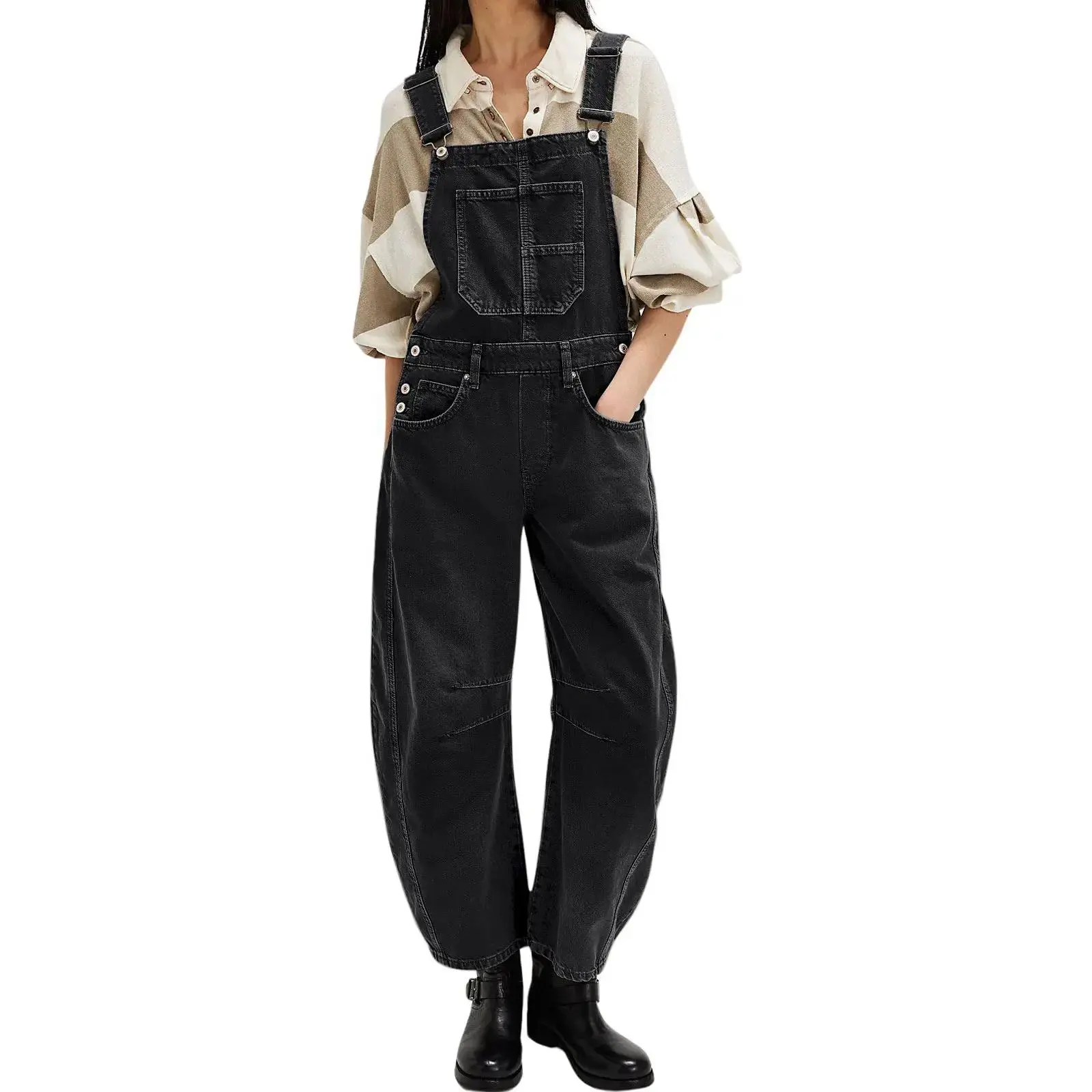 USBOUTIQUE CHIC Women's Vintage Washed Denim Overalls - Barrel Leg Utility Jumpsuit with Adjustable Straps Casual Everyday Curvy-Friendly