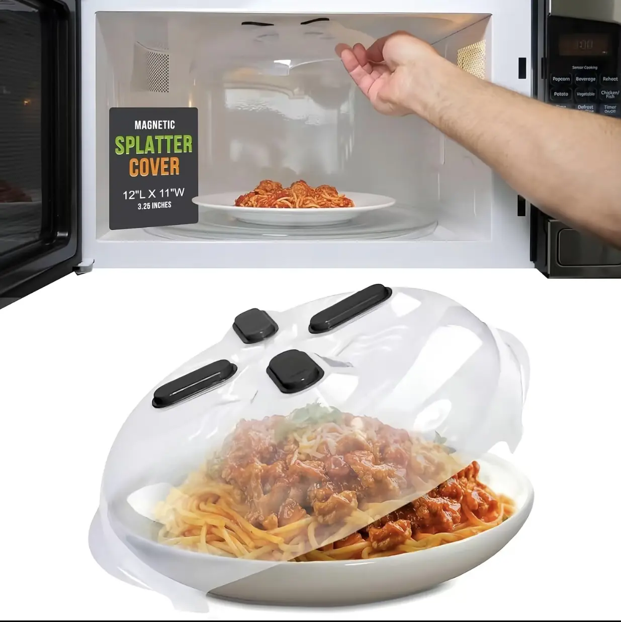 Magnetic Splatter Cover, 12-Inch Clear BPA-Free Food Lid, Vented Plate Guard with Steam Vents, Anti-Splash Microwave Lid, Dishwasher Safe, Space-Saving Magnetic Storage
