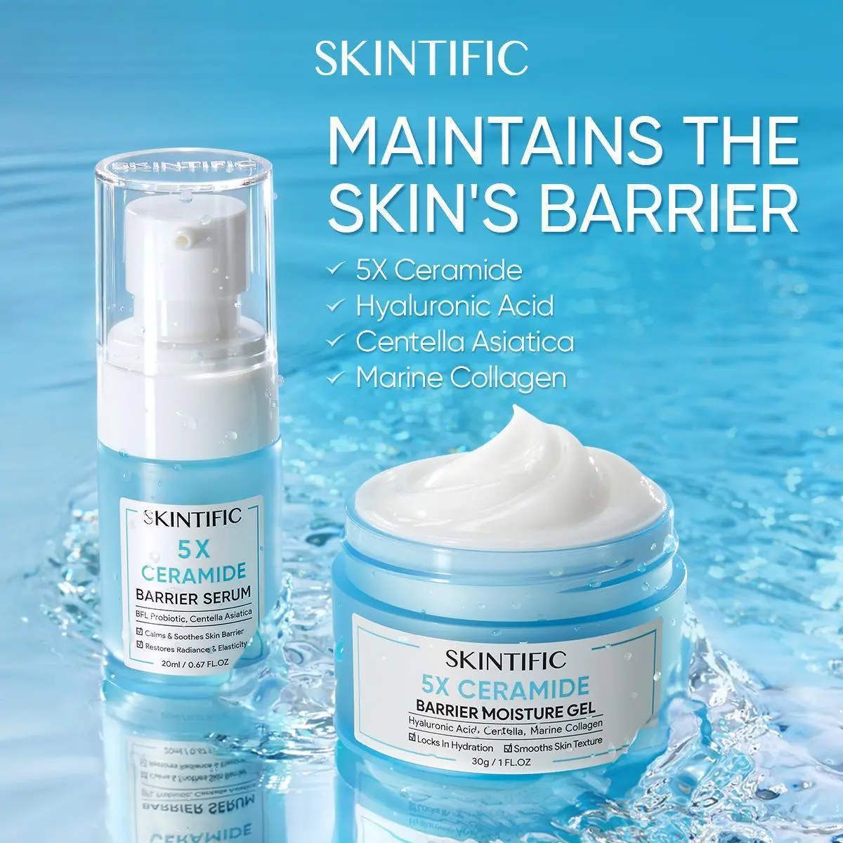 SKINTIFIC 2pcs Barrier Repair Combo - 5X Ceramide Serum and Moisture Gel for Sensitive Oily Skin Vegan Oil Control Redness Relief 24H Hydration