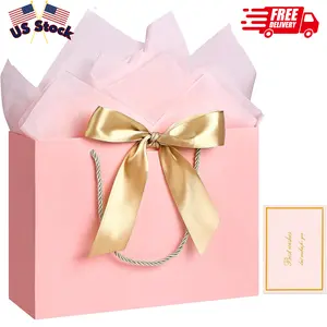 Gift Bags, 1PCS Gift Bags Large with Ribbon and 1 Greeting Cards 2 Tissue Paper