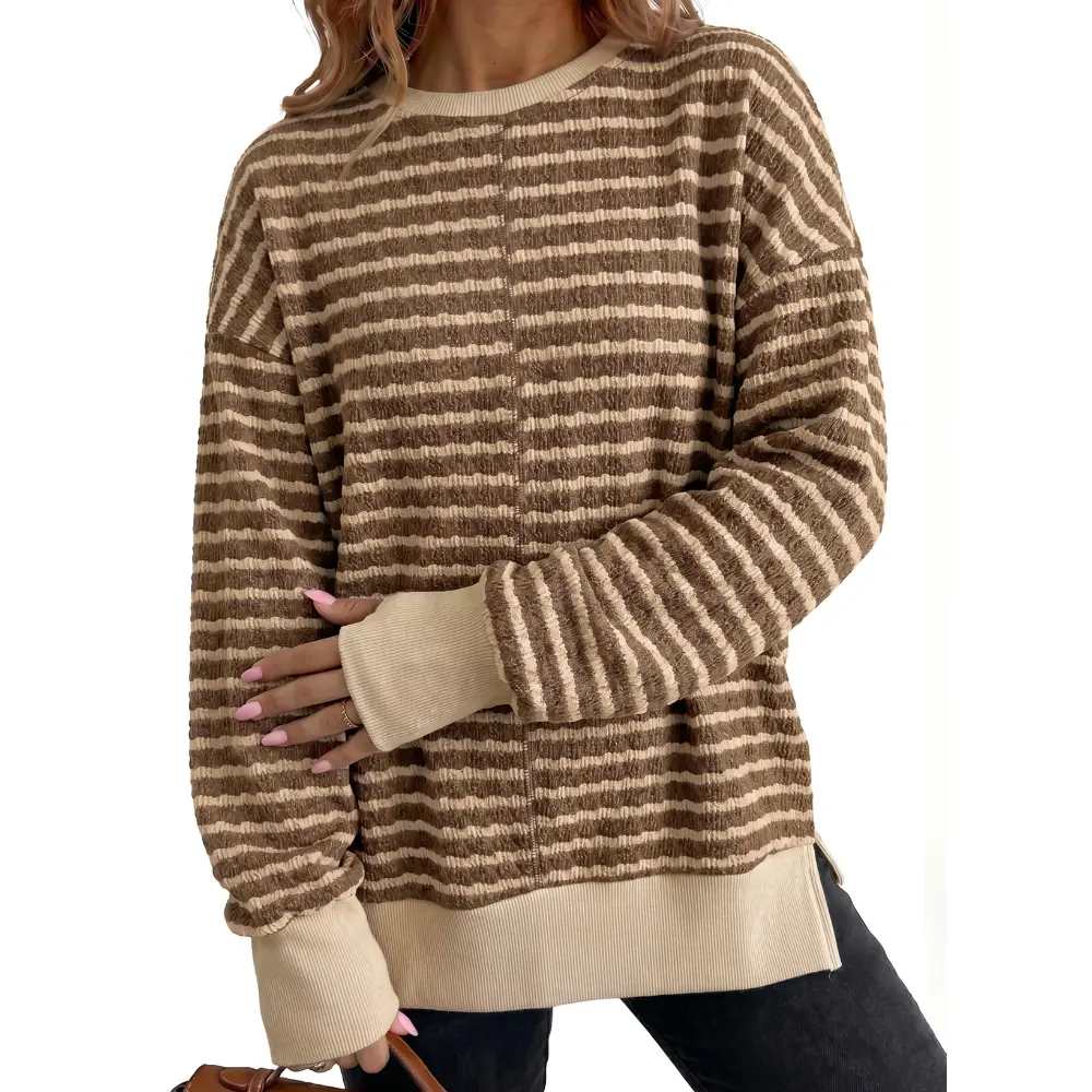Dokotoo Womens Striped Side Slit Sweatshirt Loose Fit Pullover Tops Shirts Long Sleeve Casual Pullover Sweatshirt Crewneck Soft Cozy Shirts Work Daliy Wear Going Out Tops Fall Winter Clothes