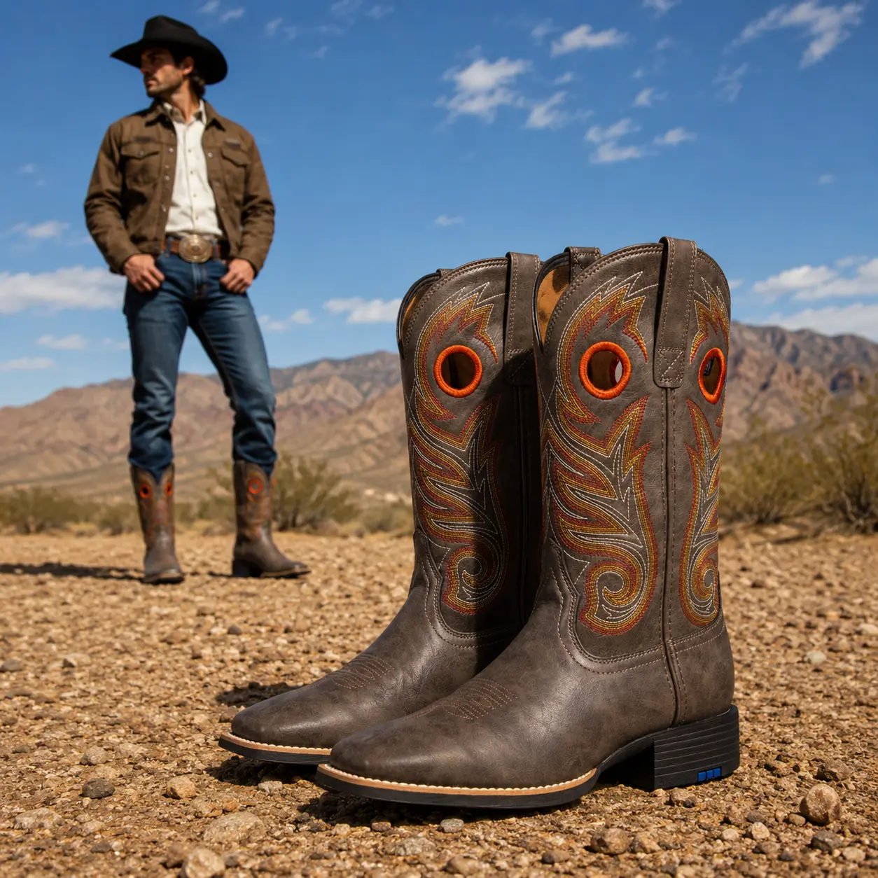 Men's Cowboy Boots—square-toe Western style with classic embroidery and a spacious, comfortable fit. Designed with a pull-on style and chunky heels, they feature non-slip rubber soles. #CowboyBoots #WesternBoots elastic footwear