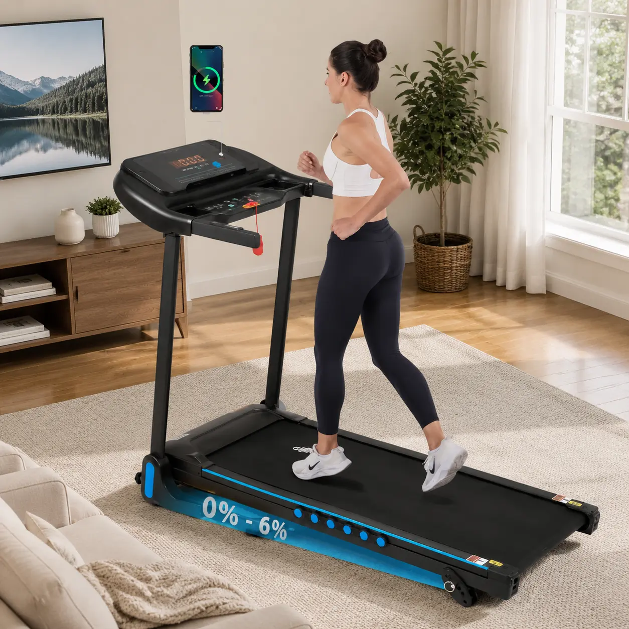 SAYGOGO Compact Foldable Incline Treadmill for Home Gym, Spacesaver 3.0Hp Motor, 10MPH Speed, Hydraulic System, Enhanced Shock Absorption, USB-C Port, Bluetooth Stereo Speaker, Wide Belt, Portable Charging Station, Energy Efficient, Lightweight, Treadmill