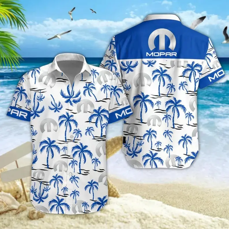 Mopar Hawaiian Shirt Men Women Blue Palm Tree Print Summer Beach Shirts Casual Streetwear Spring Fall Festival Vacation Sport Fan Gift Loose Fit Cool Comfortable